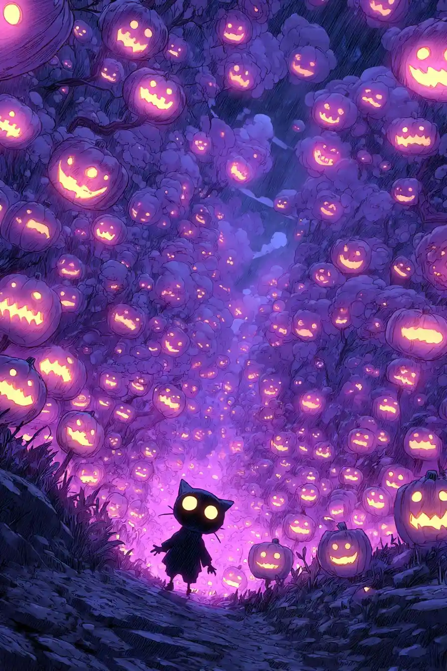 Cat Silhouette Skipping Through Neon Pumpkin Tunnel