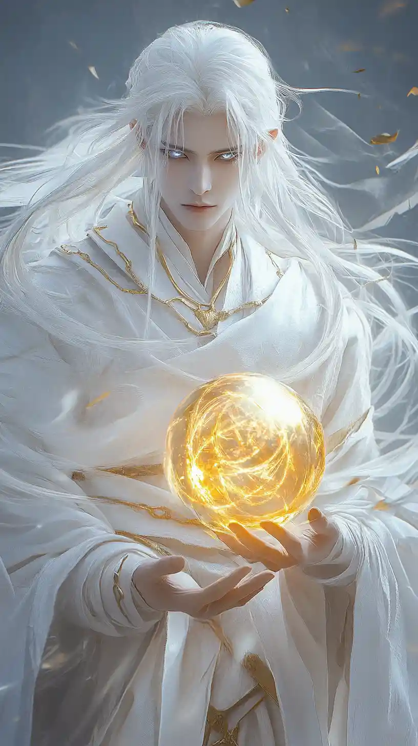 Uomo fantasy dai capelli bianchi che tiene un globo dorato luminoso