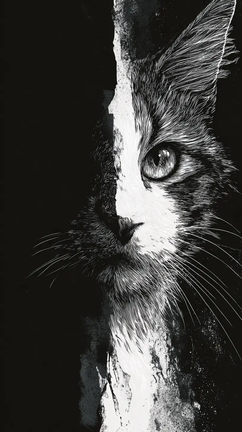 Mystical split cat ink illustration in black and white