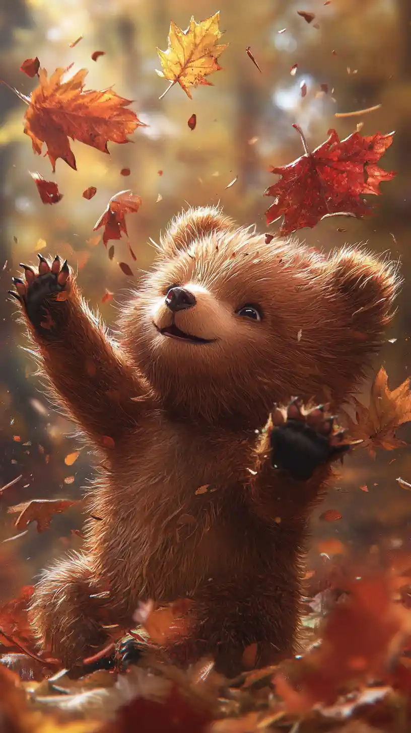 Cute baby bear cub playing with autumn forest leaves