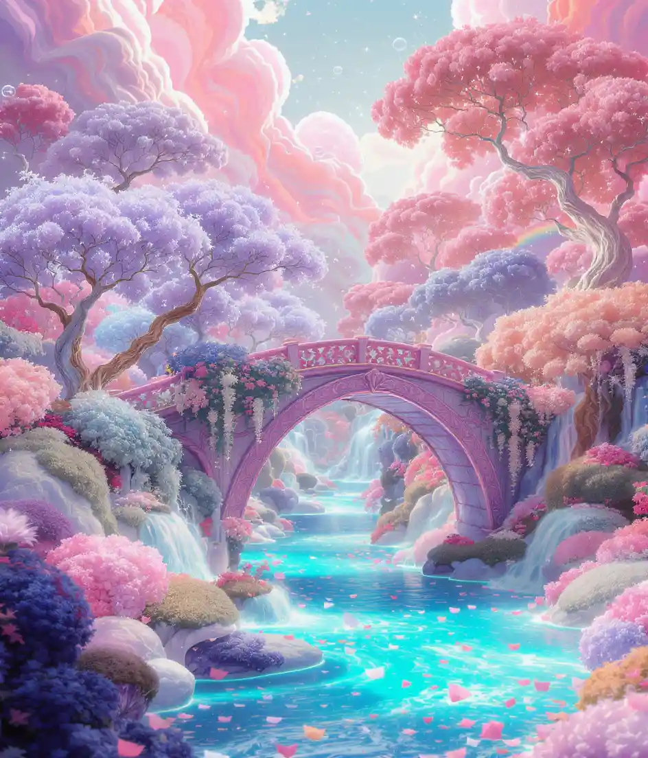 Whimsical bridge over a rainbow river in fantasy landscape