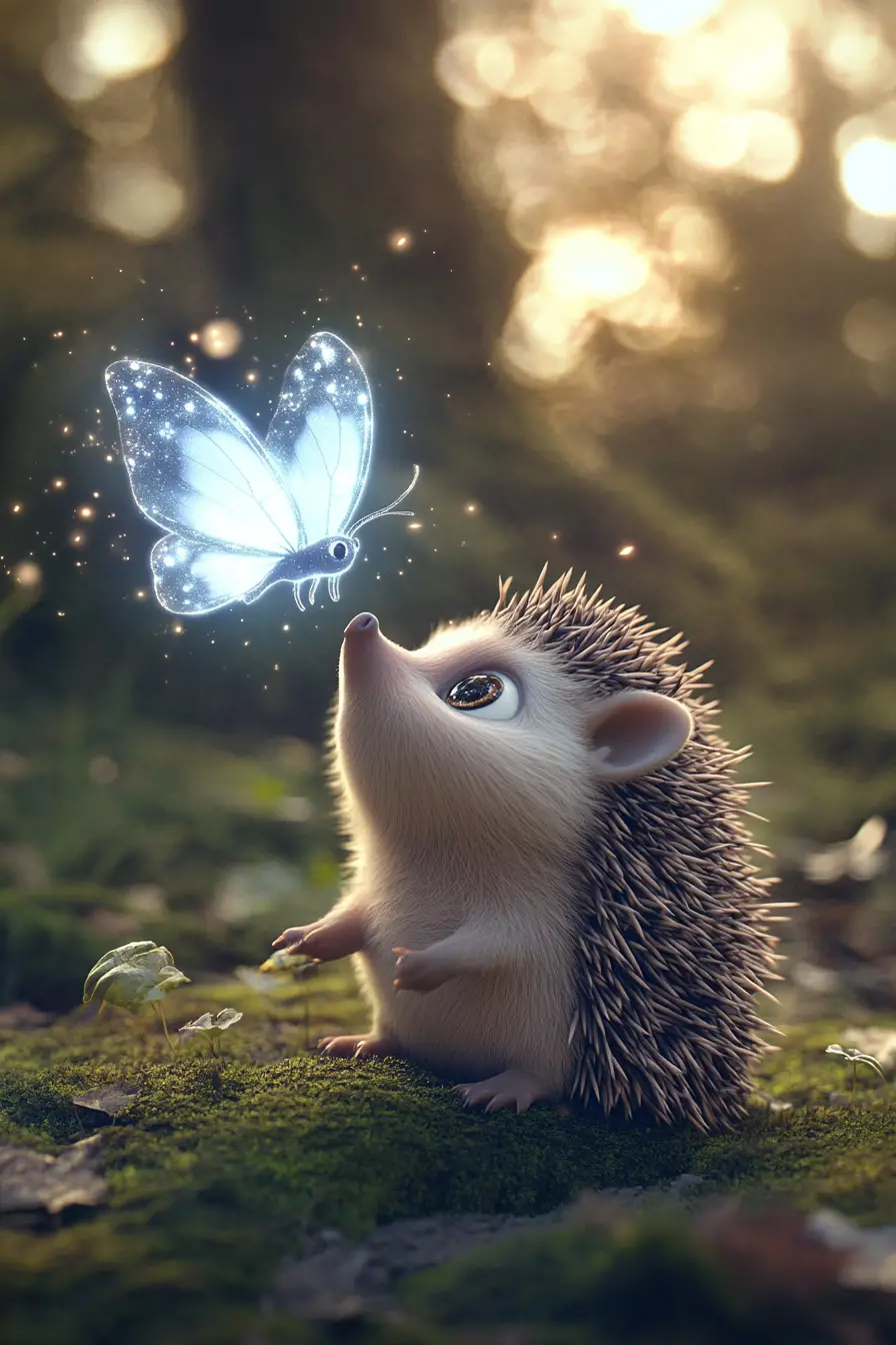 Magical hedgehog gazing at glowing lunar butterfly
