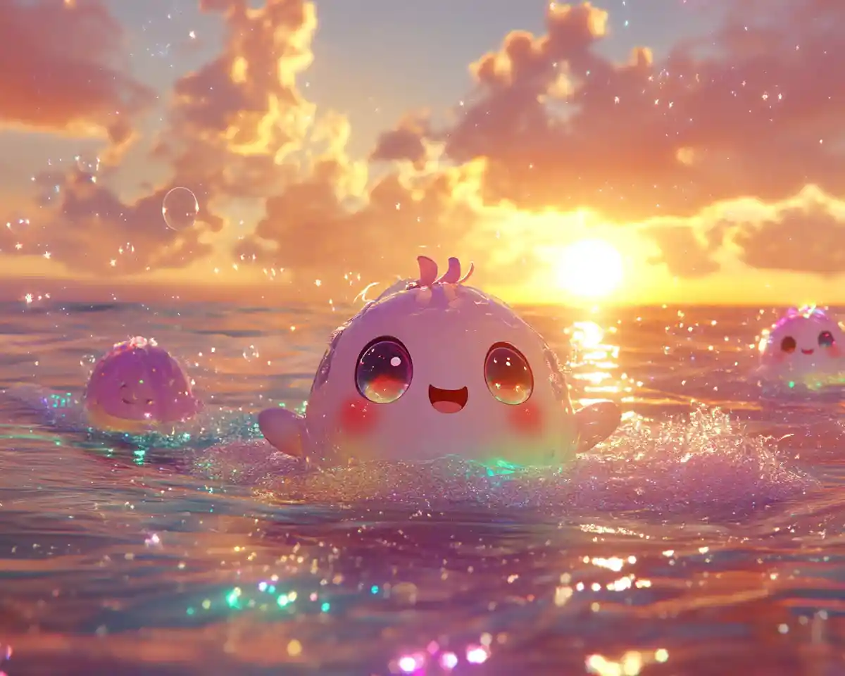 Dolci tartarughe marine in stile anime in un tramonto subacqueo pastello