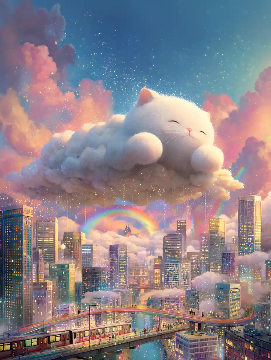 Smiling Cloud Cat Floating Over Colorful Cityscape