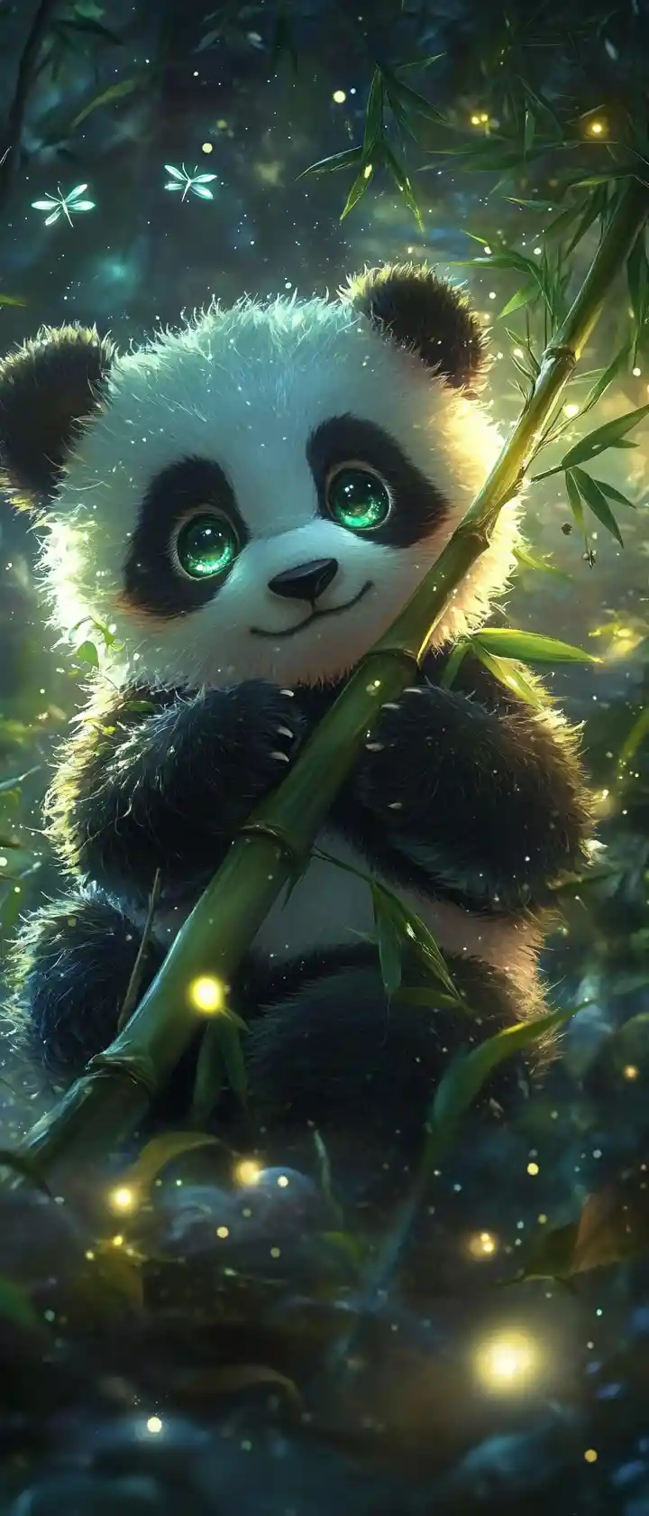 Cute anime baby panda hugging glowing bamboo in forest
