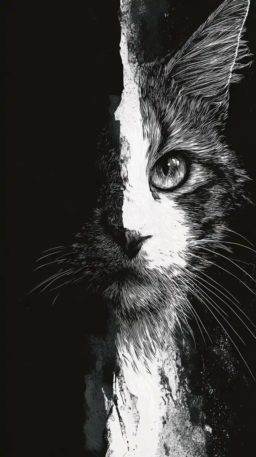 Mystical split cat ink illustration in black and white