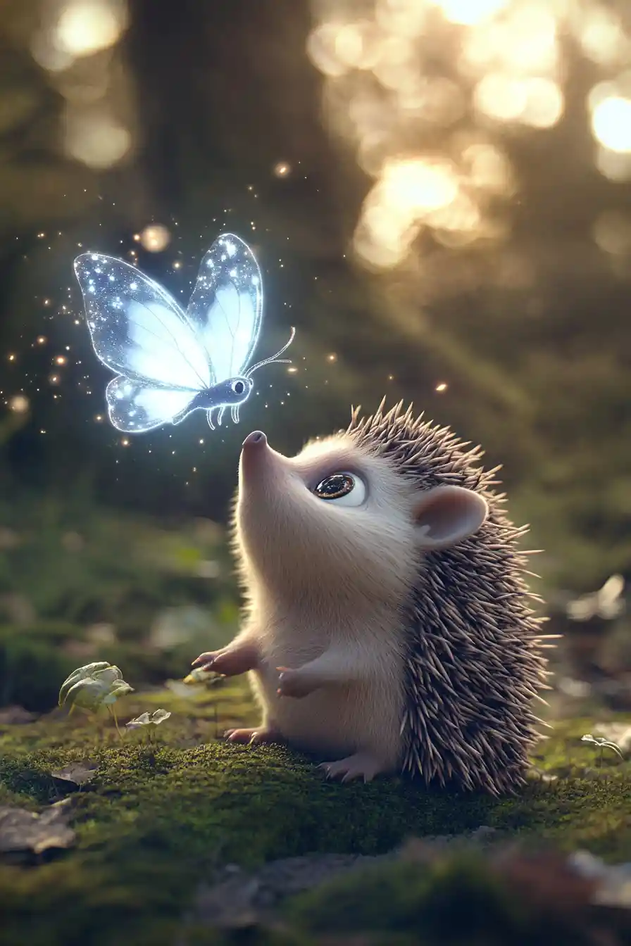 Magischer Igel, der einen leuchtenden Mondschmetterling betrachtet