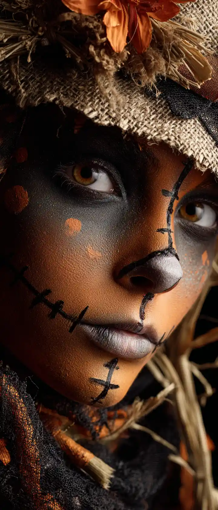 Cinematic portrait of a woman with couture scarecrow makeup