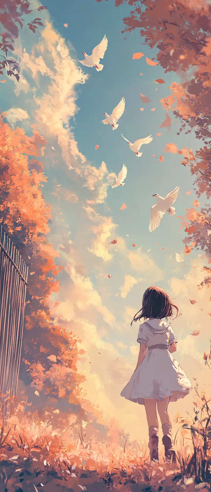 Anime girl in autumn cornfield watching glowing doves