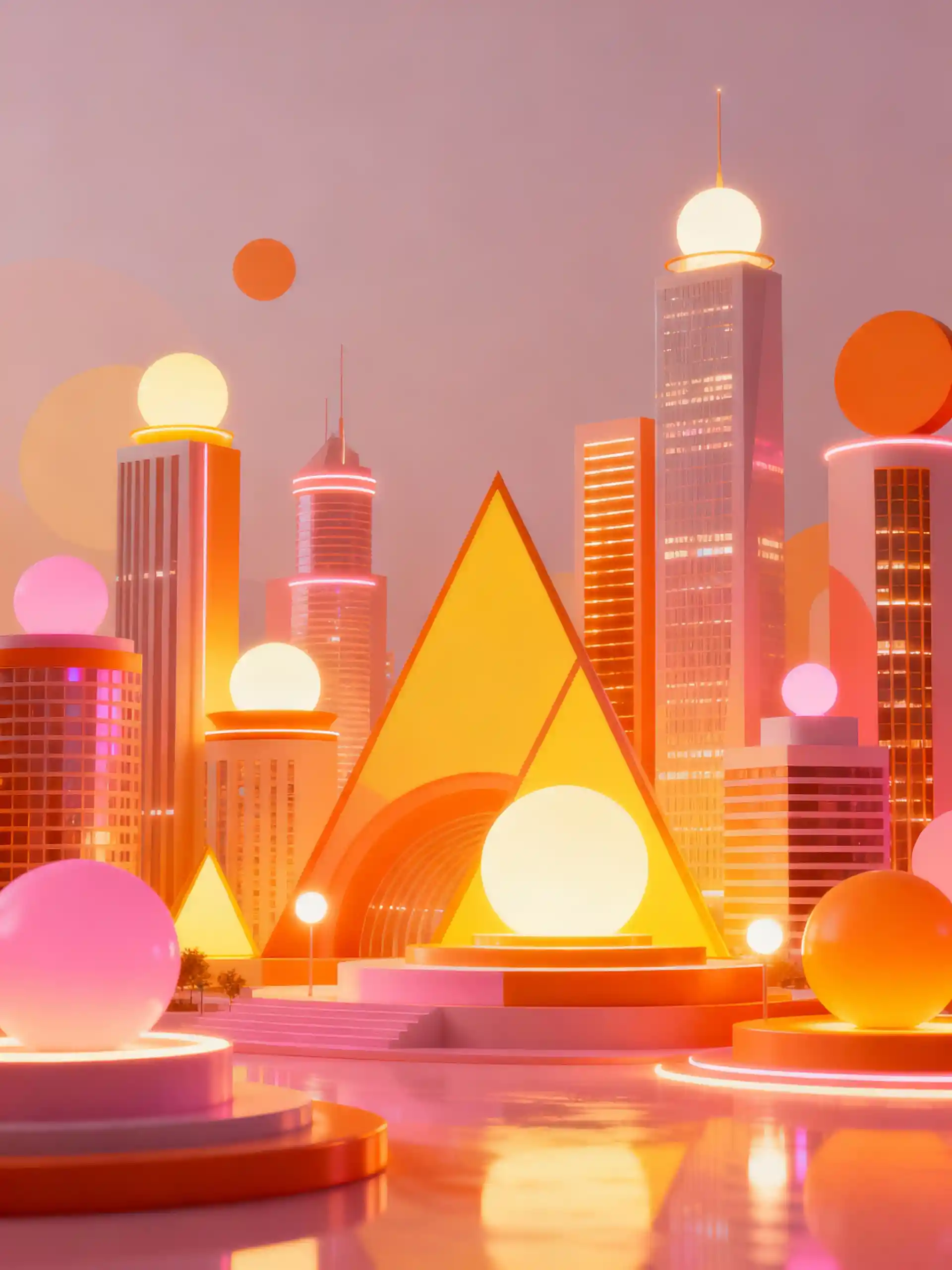 Futuristic circular and triangular cityscape with warm soft light