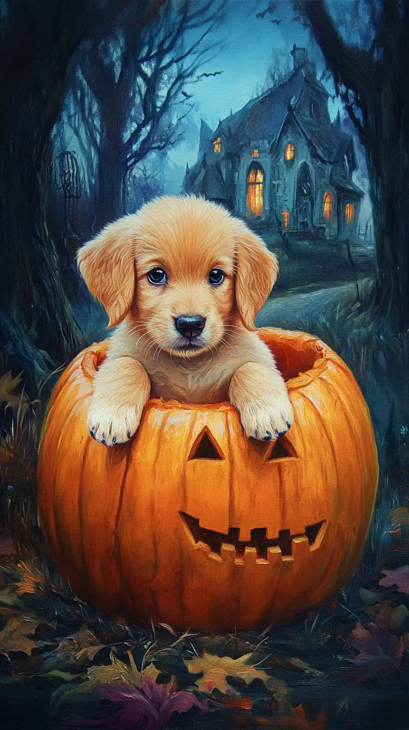 Cute puppy sitting inside a pumpkin in forest