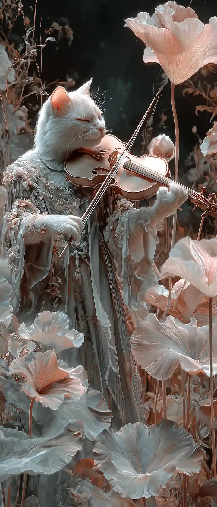 Ghostly cat playing violin in an enchanted garden