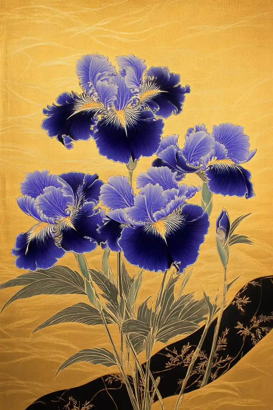 Íris violetas e campainhas-azuis em pintura japonesa dourada
