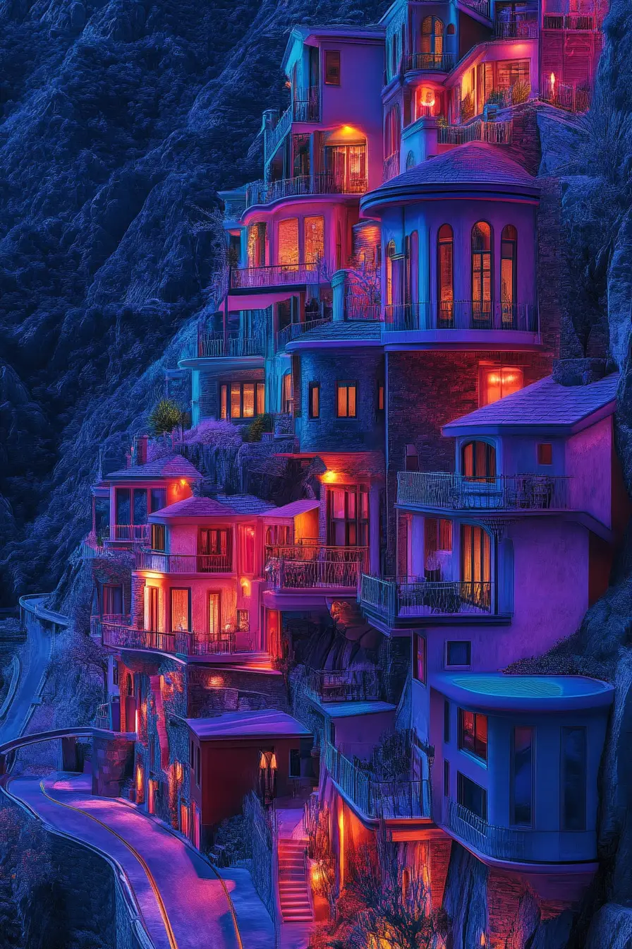 Surreal glowing fantasy homes winding up a mountainside