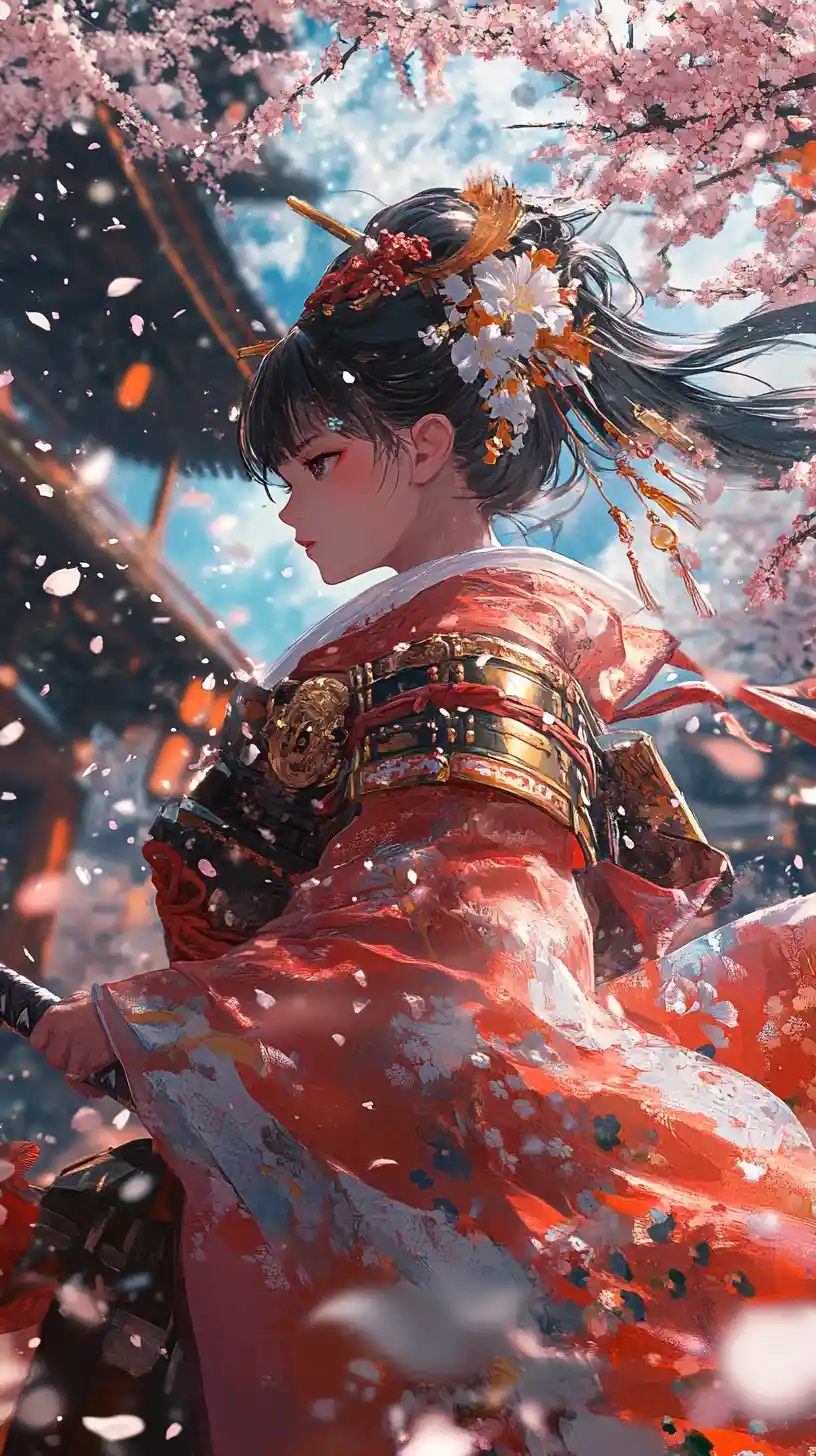 Anime warrior shrine maiden cutting through cherry blossoms