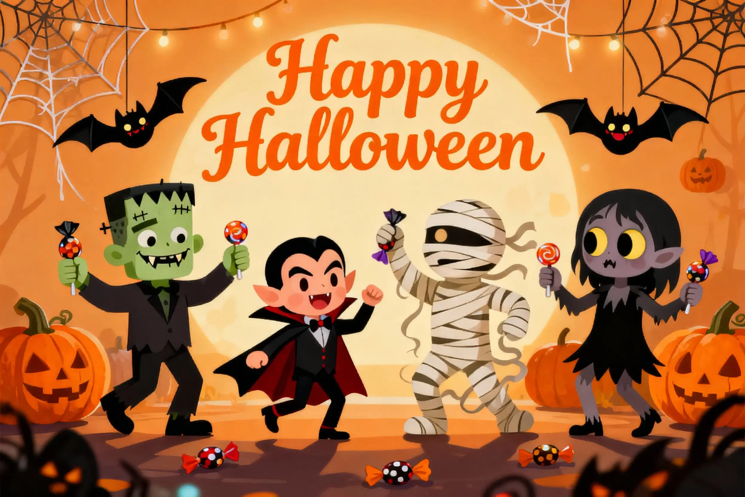 Cute classic movie monsters at a fun halloween party