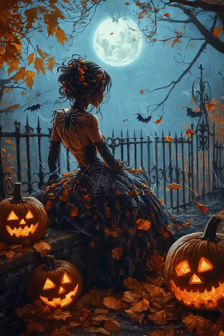 Beautiful woman in spider costume on spooky halloween night