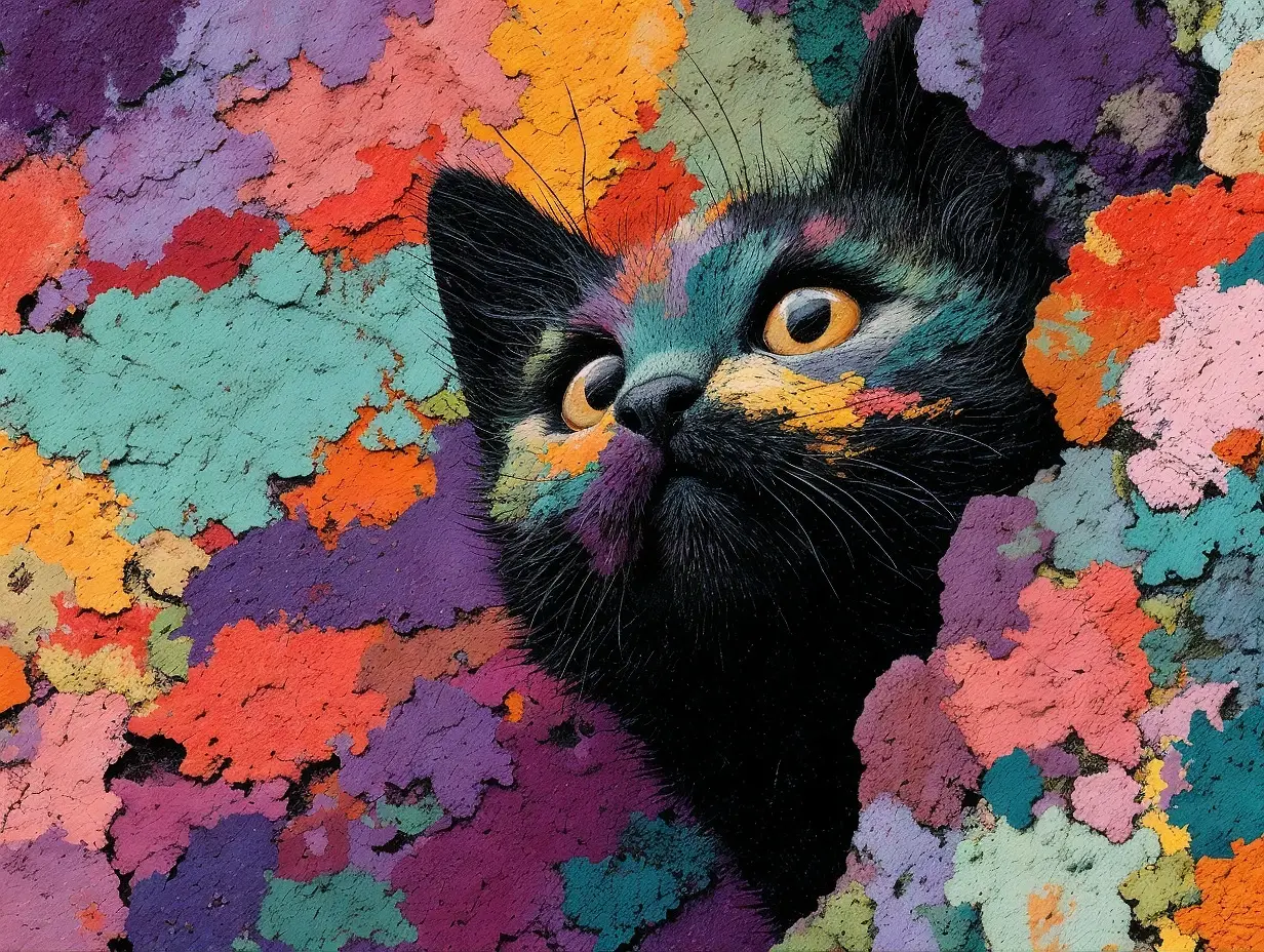 Black cat with yellow eyes in colorful paint splatters