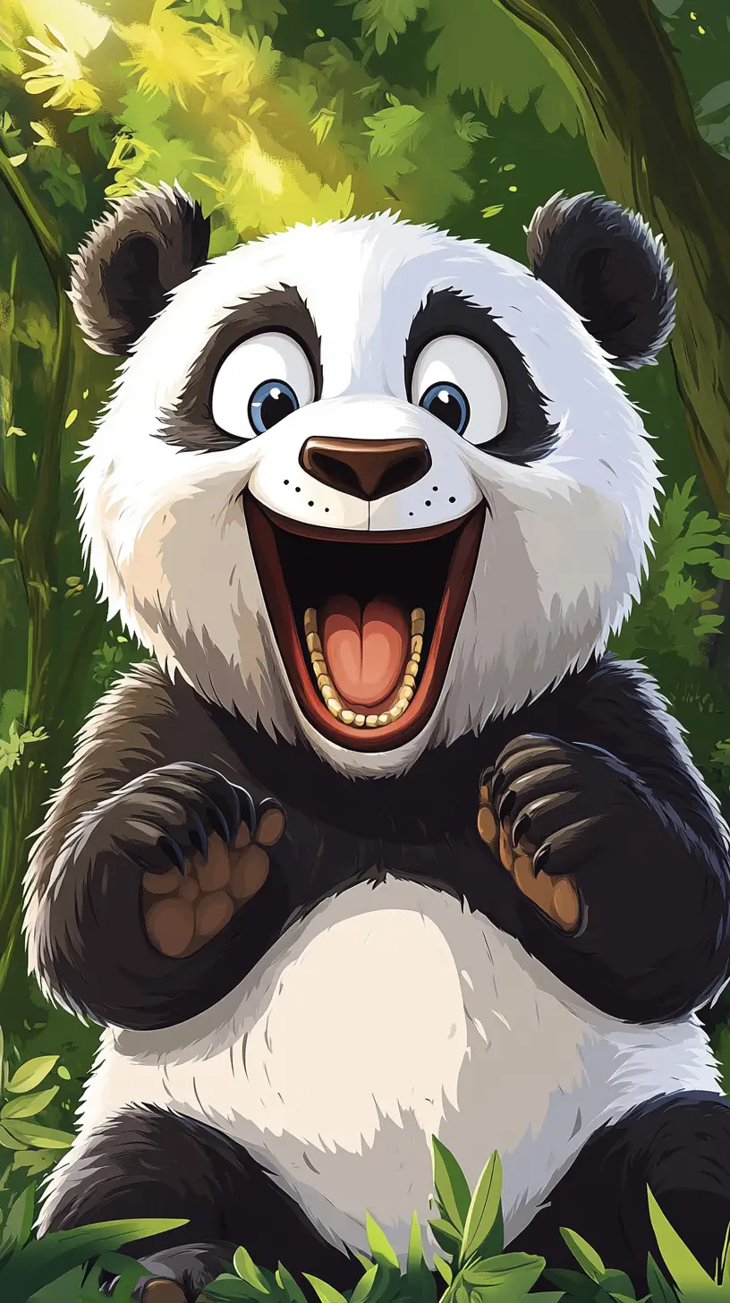 Cute cartoon panda with goofy grin in bright forest