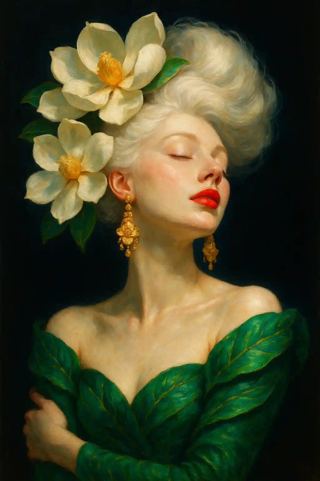 Elegant woman in floral headdress with glowing black background