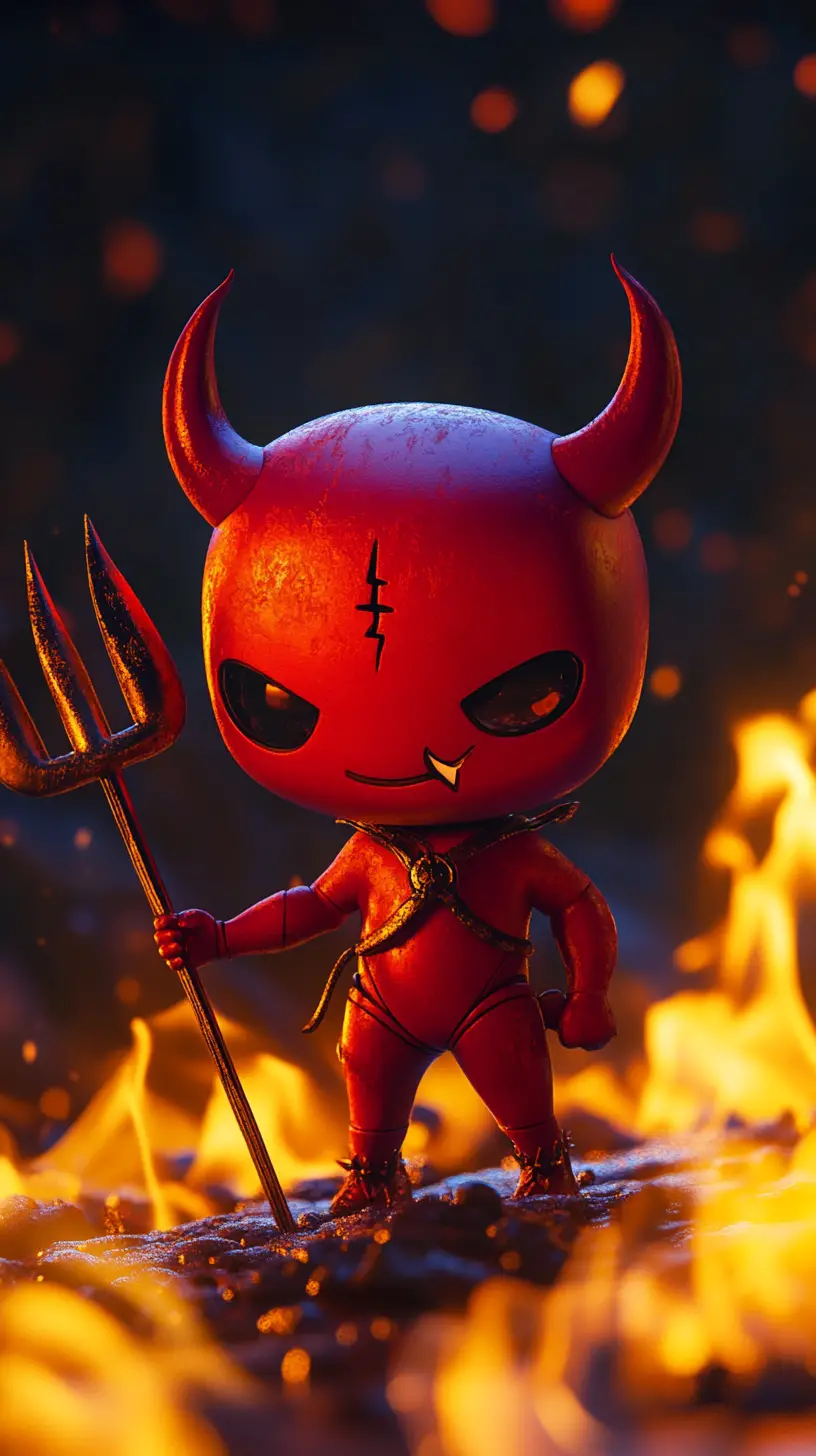 Süßer 3D-Chibi-Teufel mit Dreizack vor feurigem Hintergrund