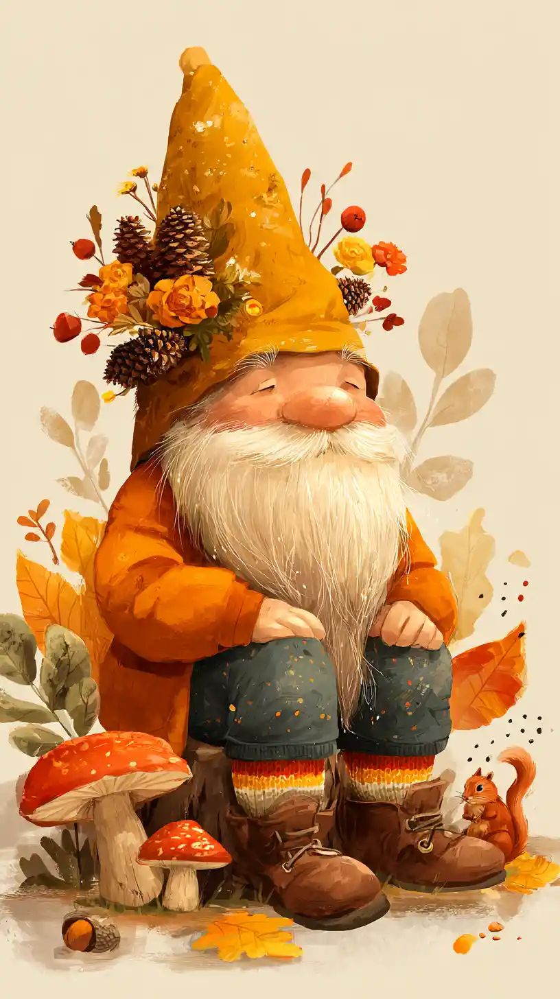 Cozy gnome in autumn forest with squirrel companion