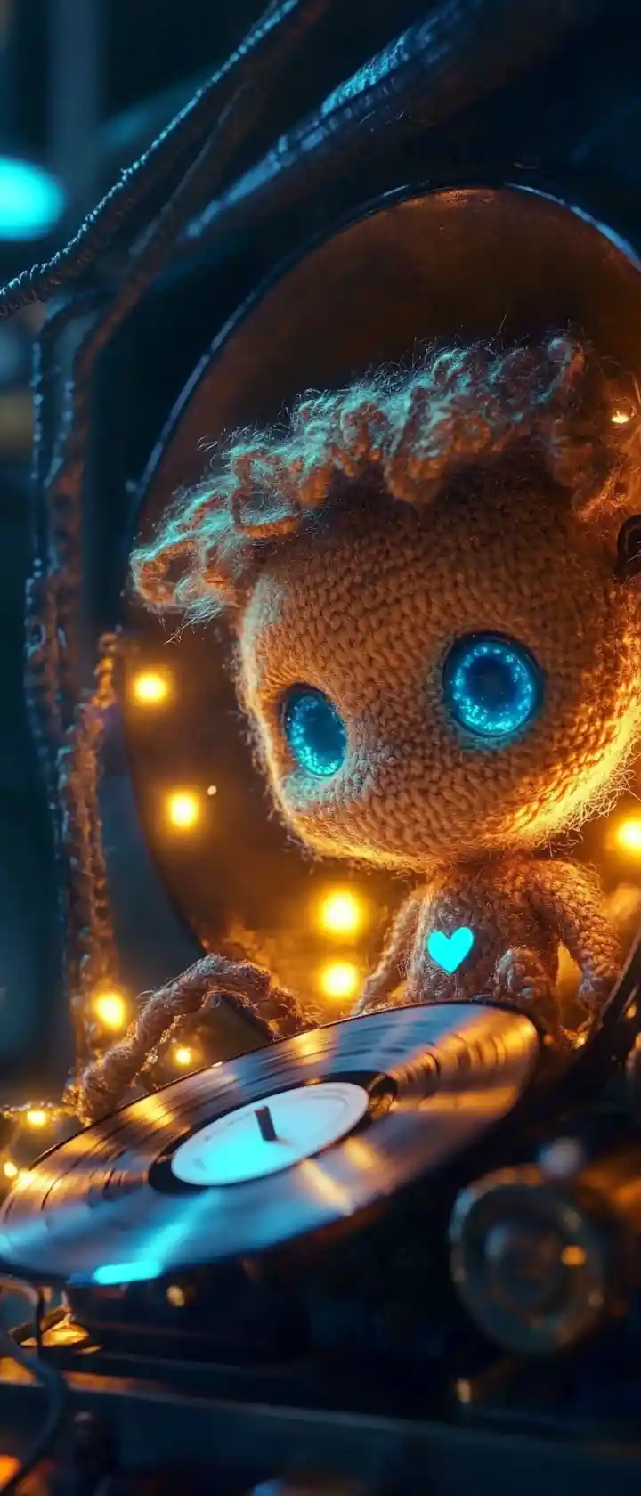 Bambola di Peluche in Fonografo d'Epoca con Dischi Luminosi