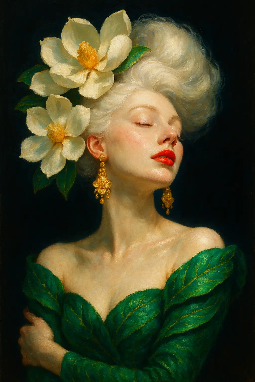 Elegant woman in floral headdress with glowing black background