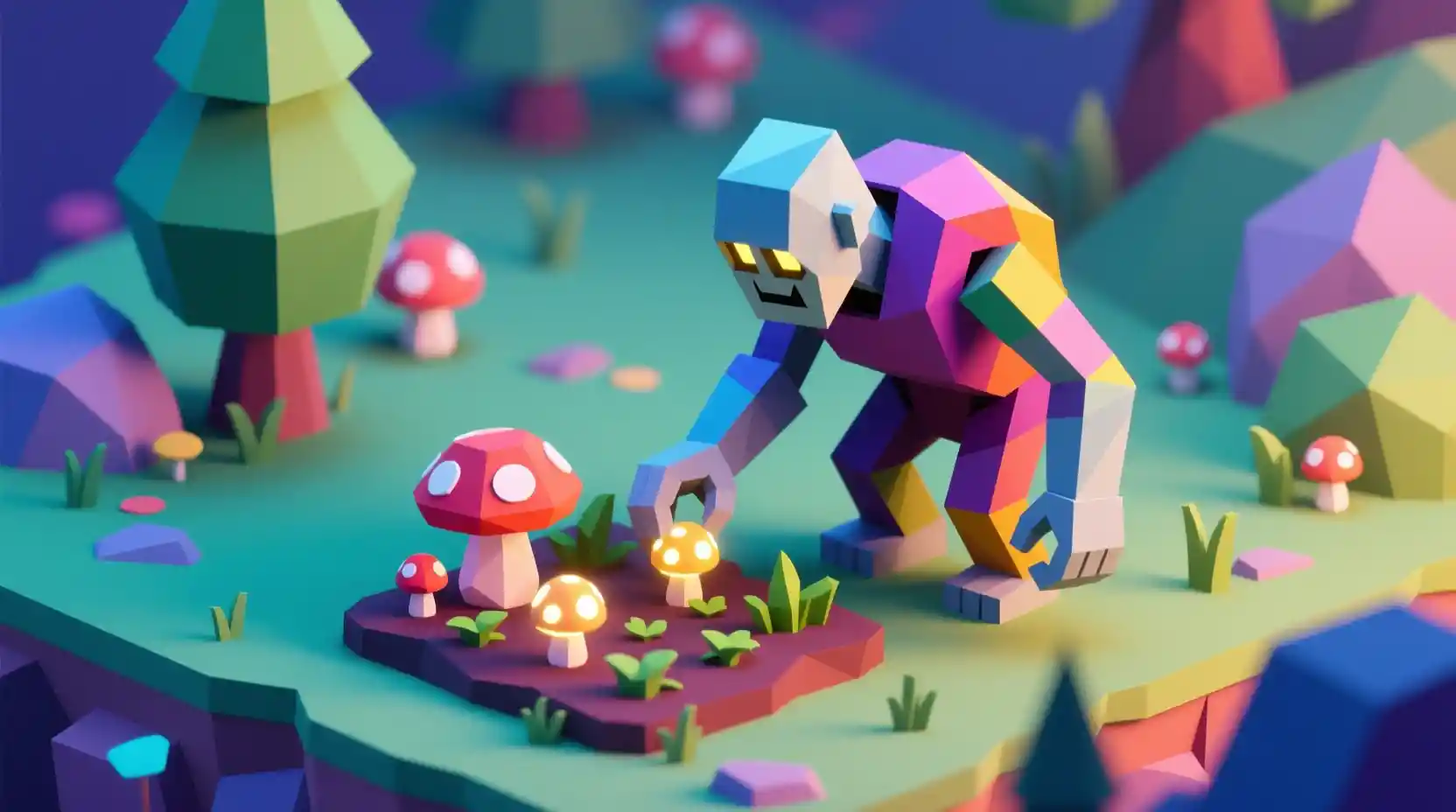 Low poly golem tending a glowing mushroom garden