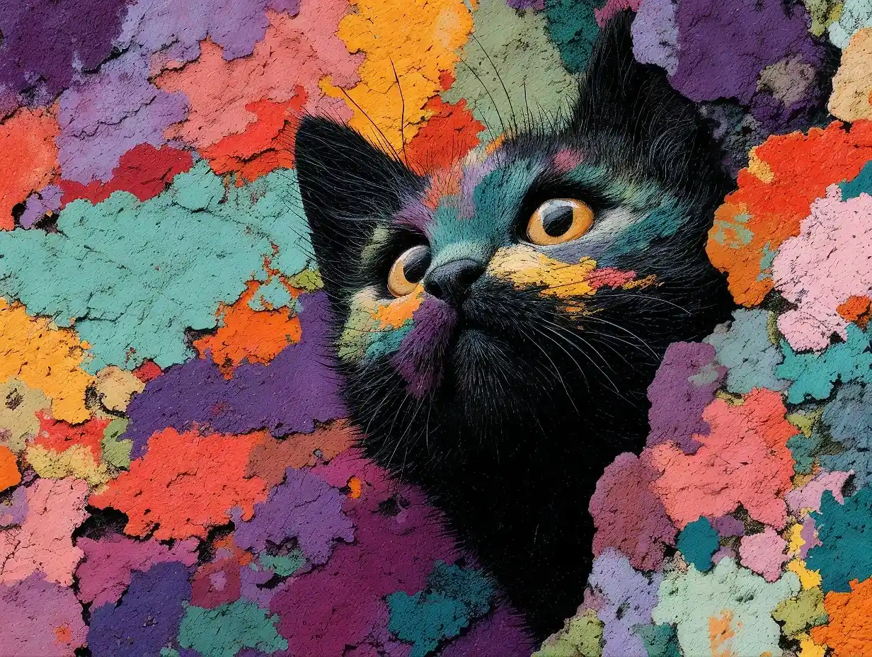 Black cat with yellow eyes in colorful paint splatters