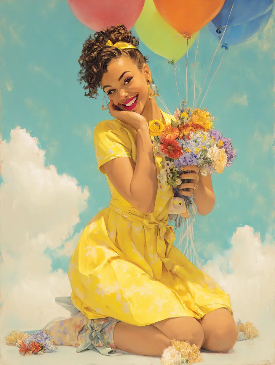 Playful girl in yellow sundress with flowers and balloons
