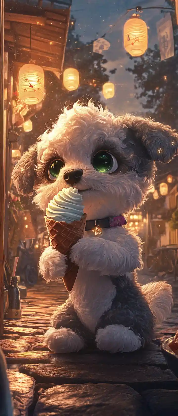 Anime puppy licking glowing ice cream at seaside cafe