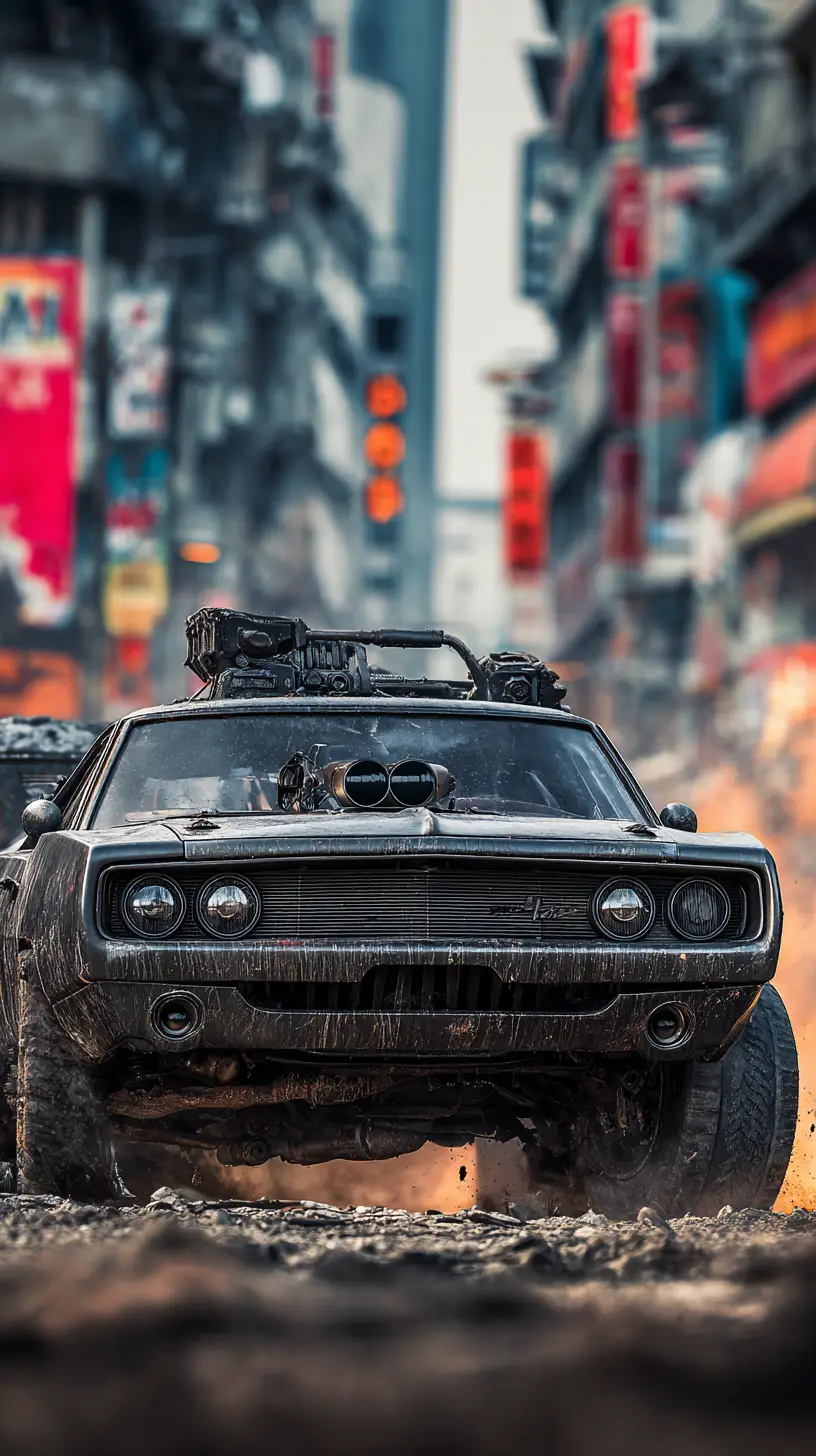 Futuristic muscle car on ruined Japanese city street poster