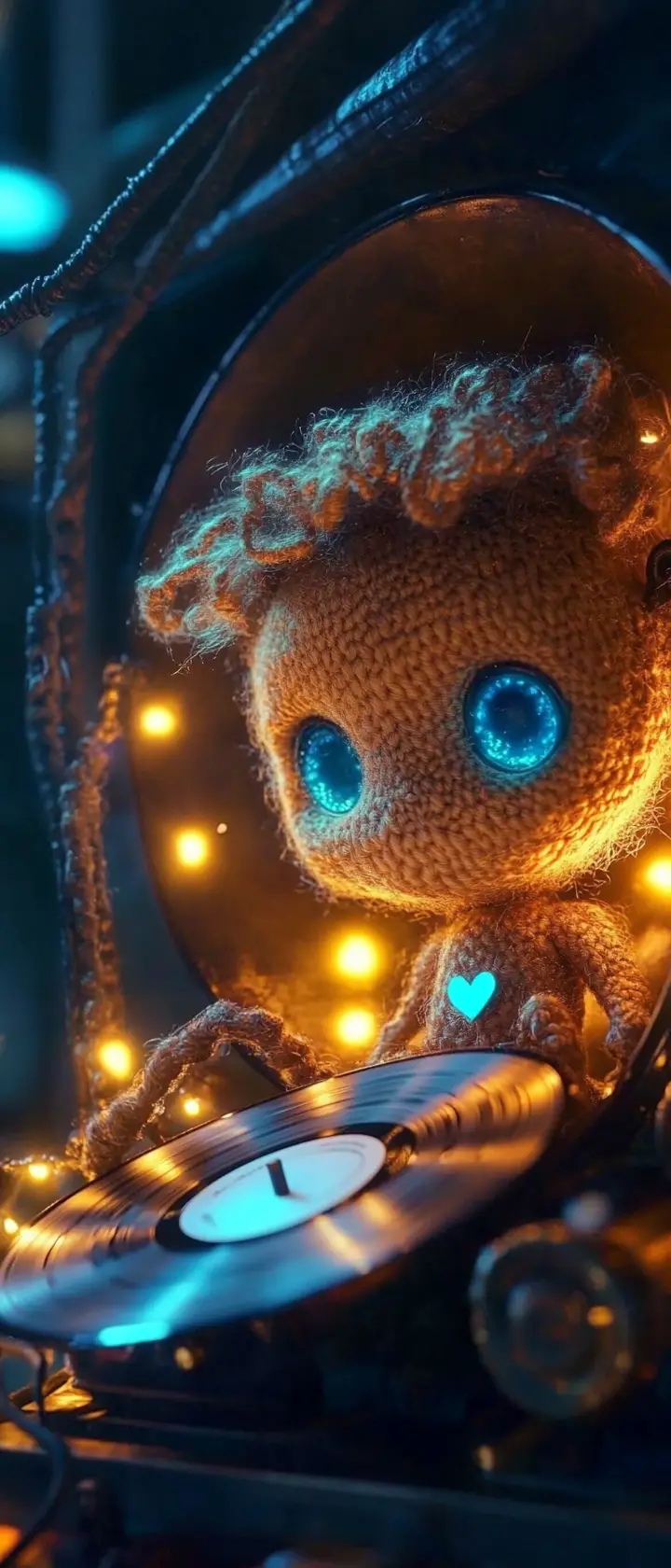 Plush Doll In Vintage Phonograph With Glowing Records
