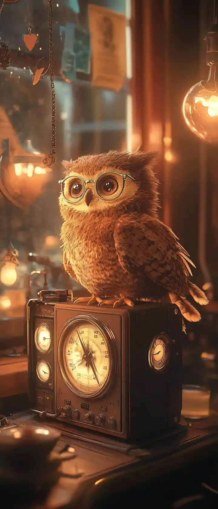 Anime Owl On Vintage Radio In Cozy Living Room
