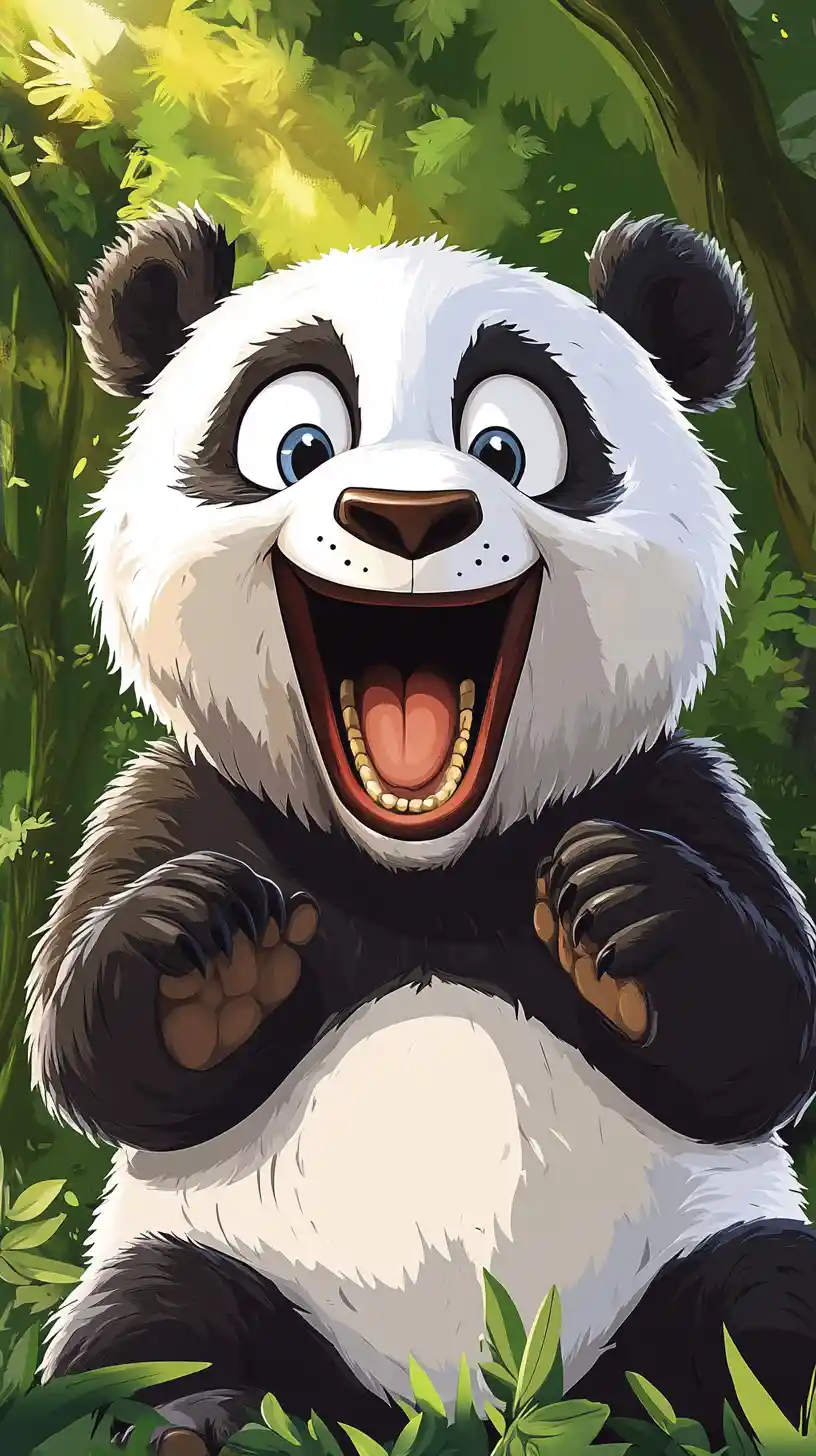 Dolce panda cartoon con sorriso buffo in una foresta luminosa