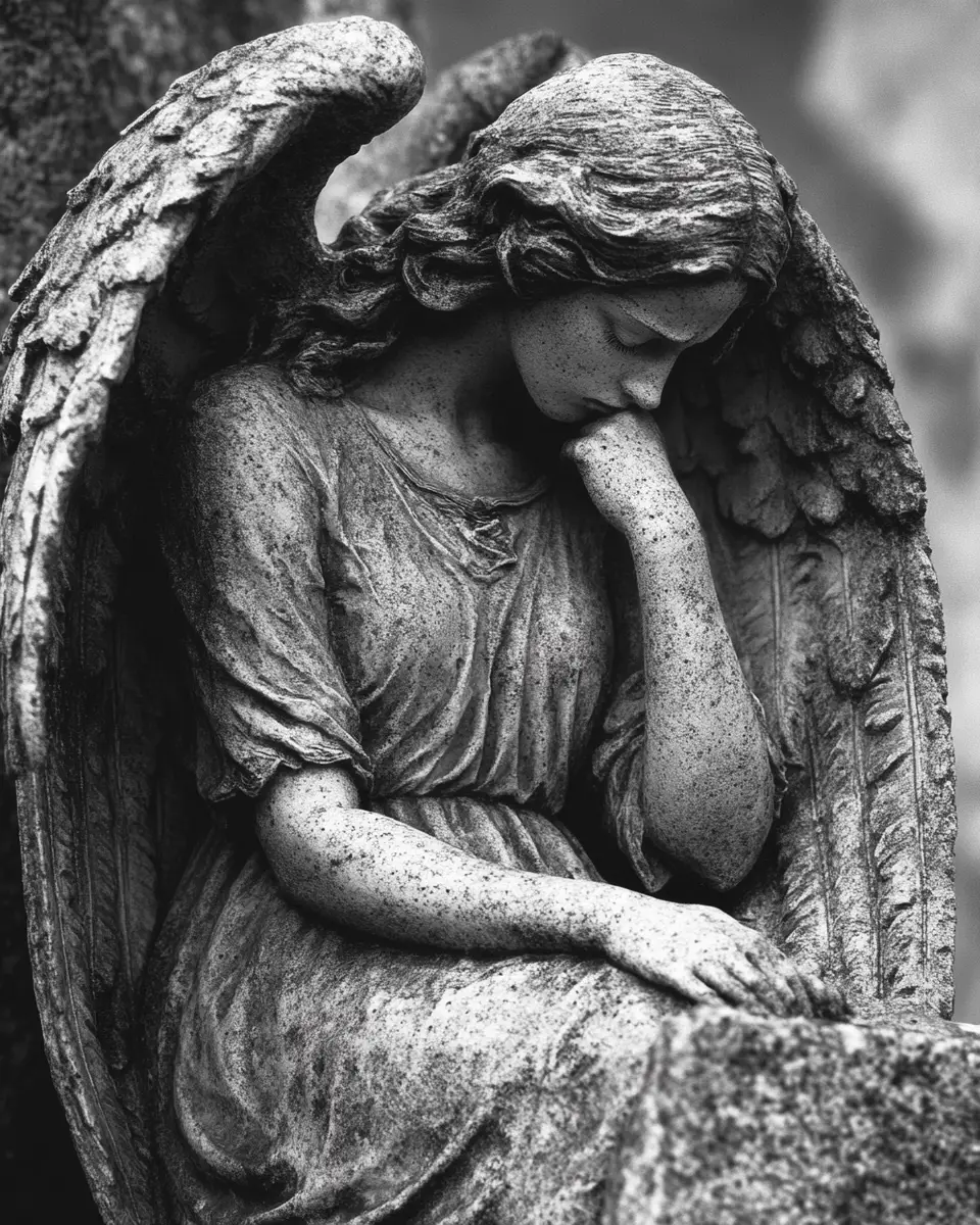 Lonely angel statue in a quiet night cemetery