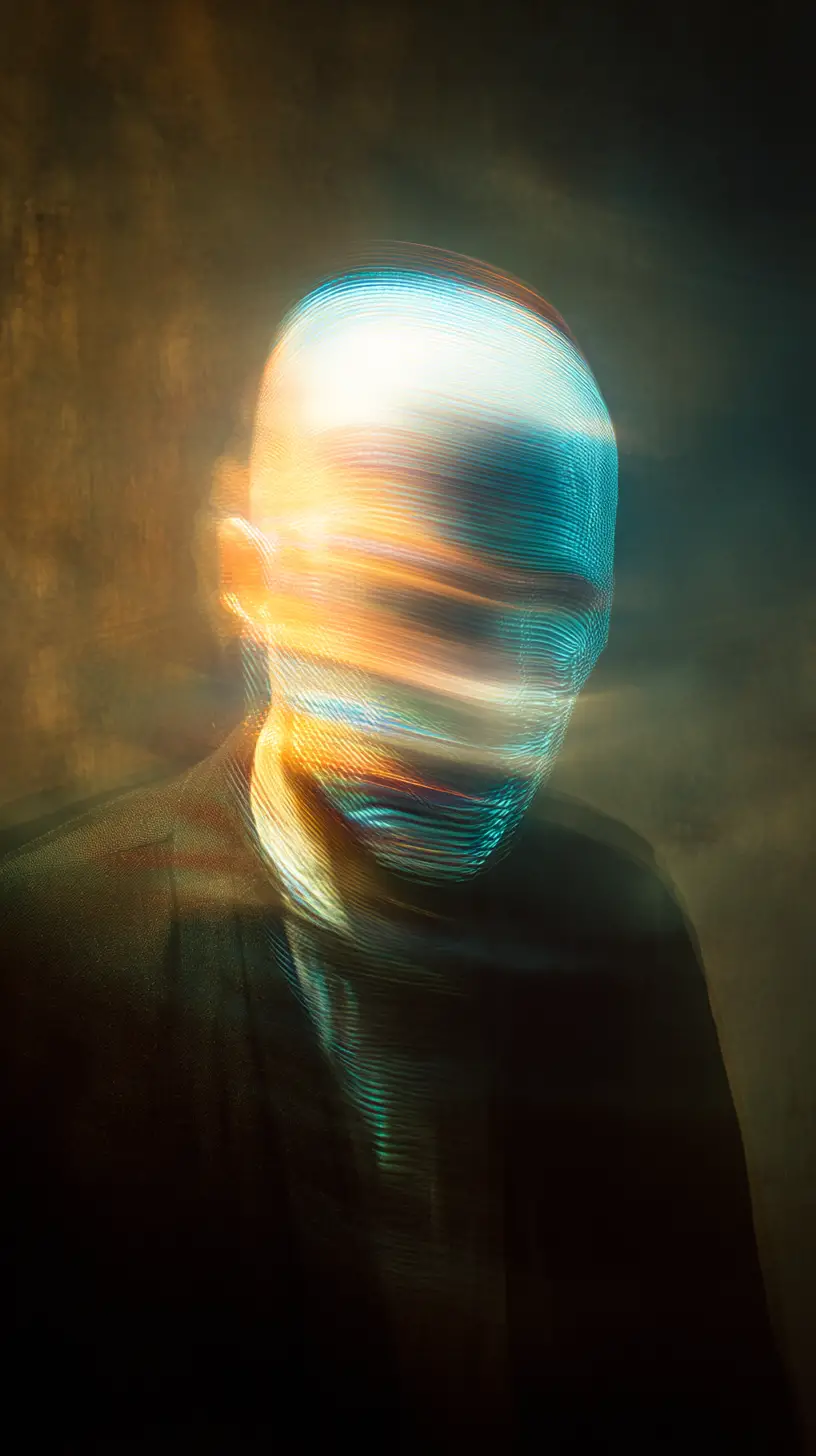Surrealer Neon-Kopf-Poster mit gesichtslosen leuchtenden Mustern