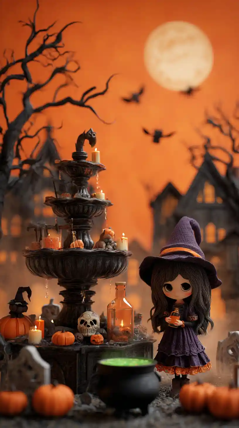 Stylized Halloween Witch With Cauldron At Dusk
