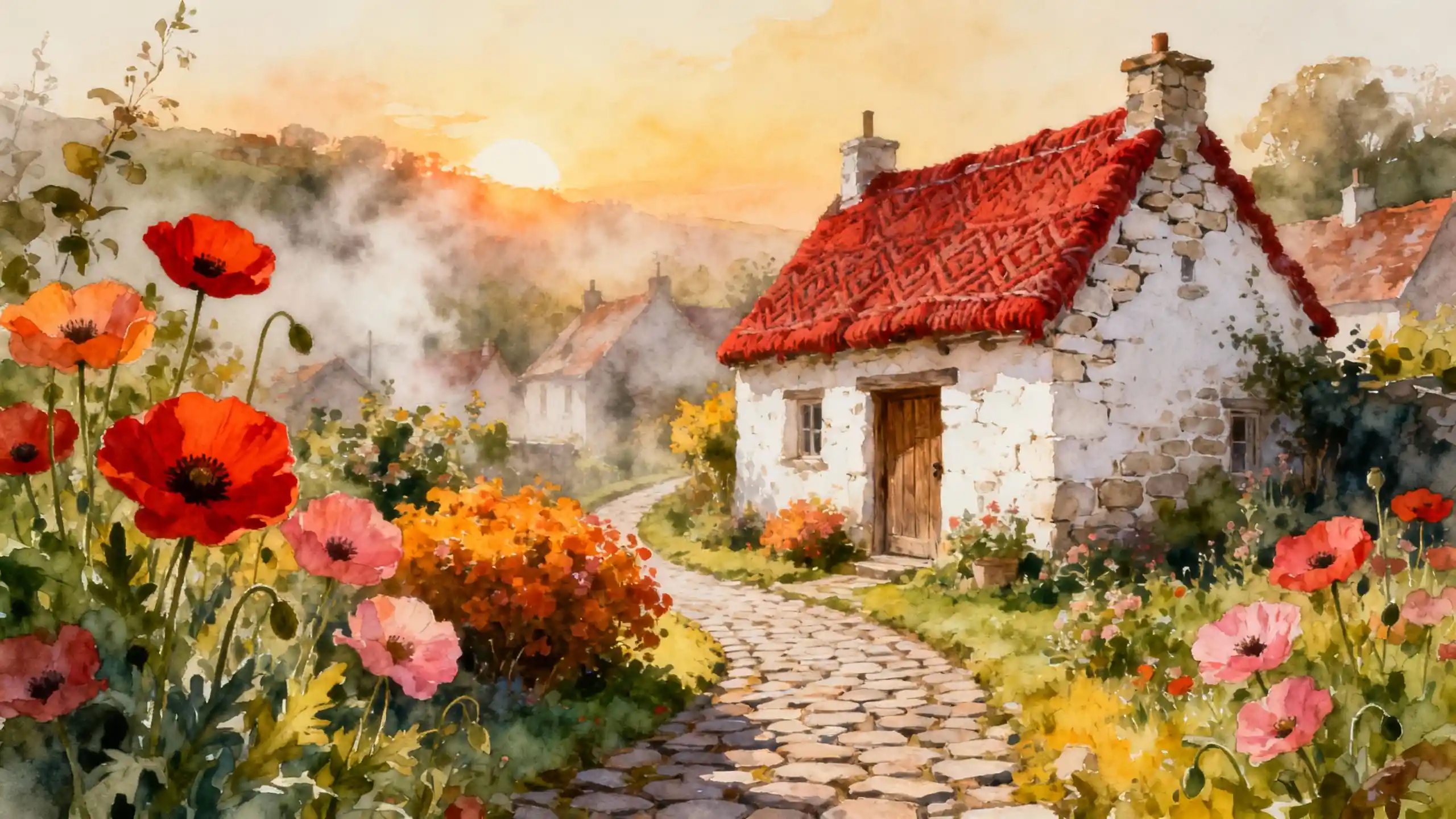 Watercolor village cottages with flowers and cobblestone path