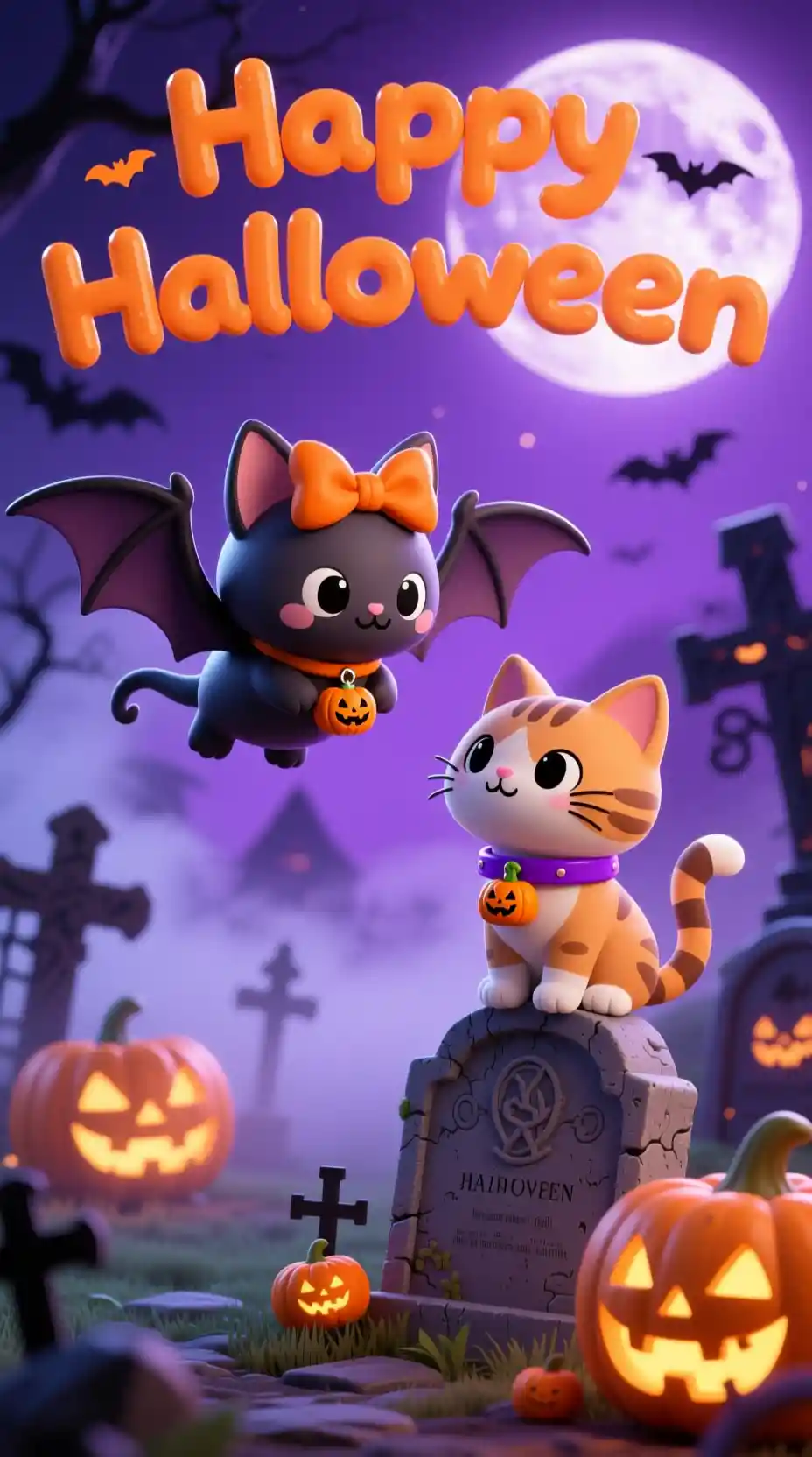 Dolce gatta e pipistrello di Halloween in un cimitero spettrale