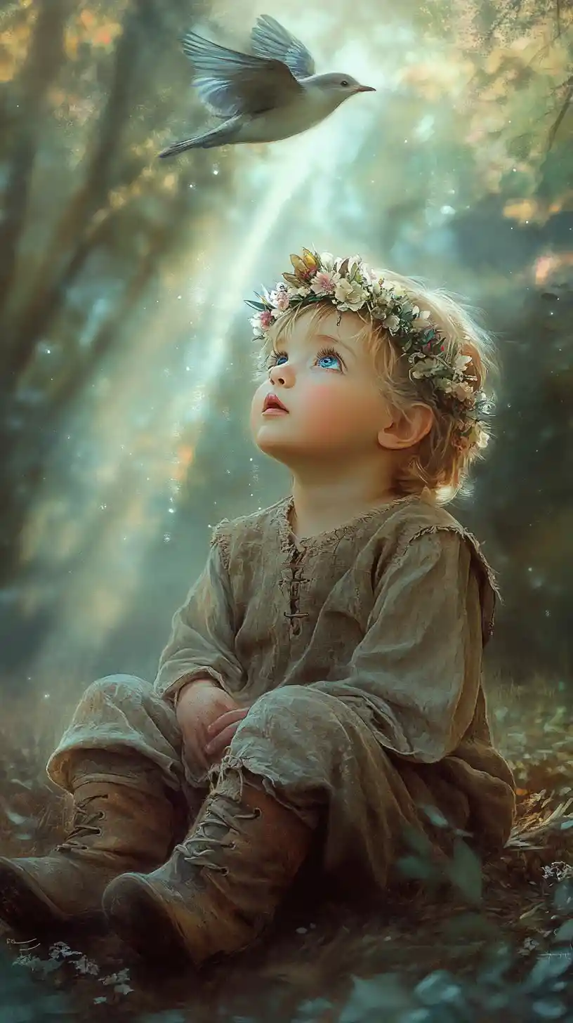 Young child in a magical forest with flower crown