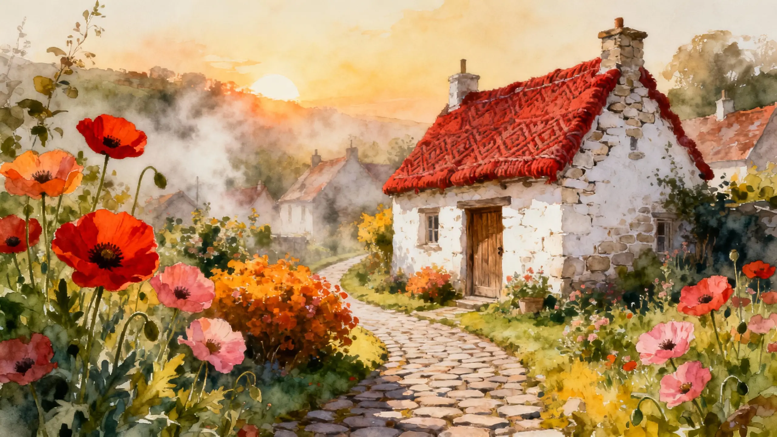 Watercolor village cottages with flowers and cobblestone path