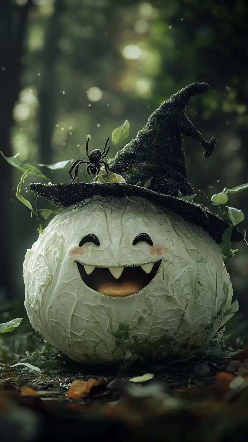 Cheerful Ghost Cabbage In A Forest Halloween Illustration