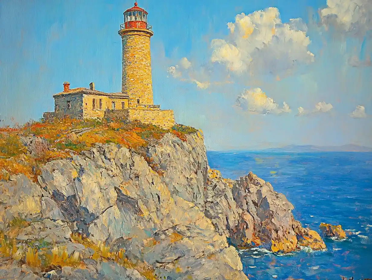 Impasto lighthouse painting above rocky seaside cliffs