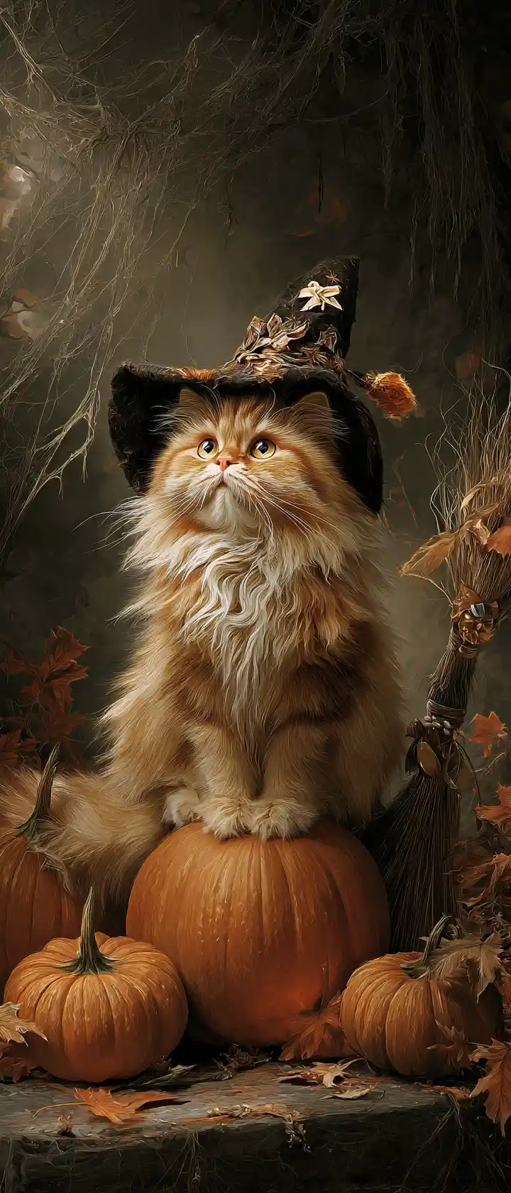 Persian cat witch on glowing pumpkins in forest clearing