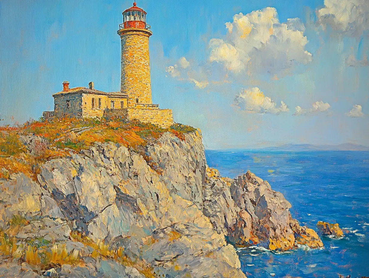 Impasto lighthouse painting above rocky seaside cliffs