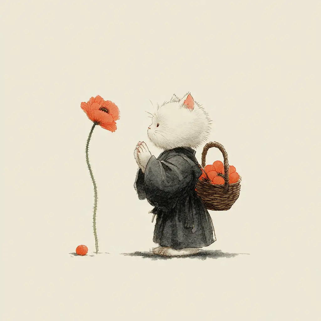 Ink painting of a monk like kitten praying to a poppy