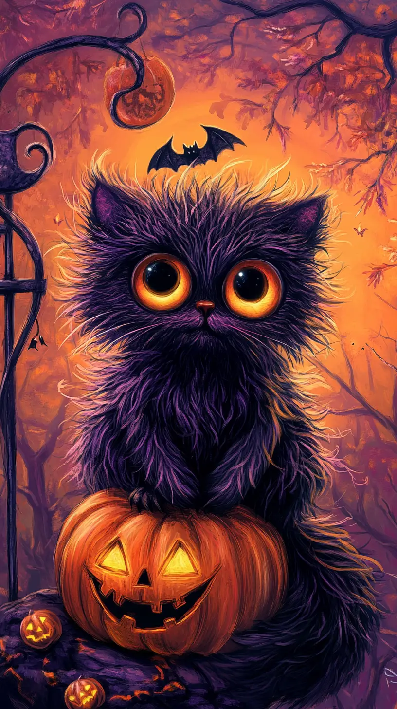 Cute fuzzy halloween art with spooky orange background