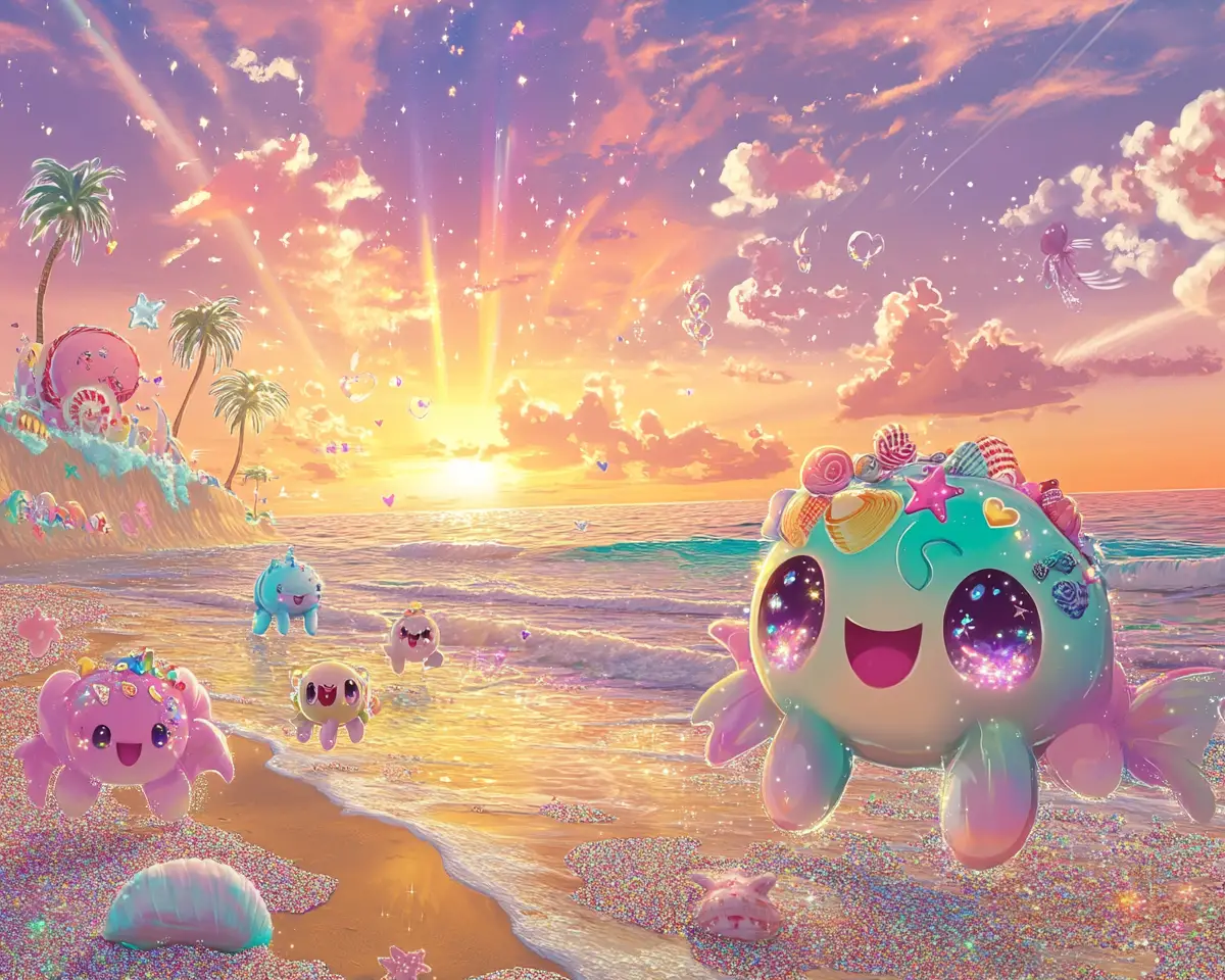 Kawaii anime sea turtles on a magical sunset beach